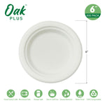Oak PLUS 6 inch White Compostable & Disposable Sugarcane Plates, 600 Pack