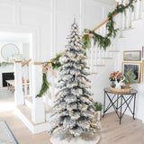 Oak PLUS 9ft Pre-Lit Flocked Layered Slim Spruce Artificial Christmas Tree with 500 Warm White Lights