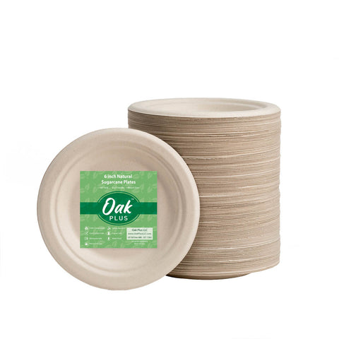 Oak PLUS 6 inch Natural Compostable & Disposable Sugarcane Plates, 600 Pack