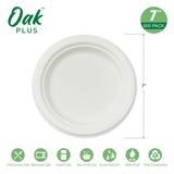Oak PLUS 7 inch White Compostable & Disposable Sugarcane Plates, 600 Pack