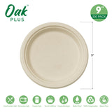 Oak PLUS 9 inch Natural Compostable & Disposable Sugarcane Plates, 300 Pack