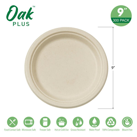 9 inch Natural Compostable & Disposable Sugarcane Plates, 300 Pack