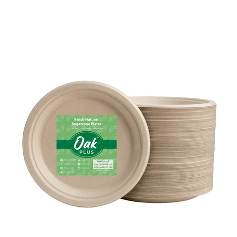 Oak PLUS 9 inch Natural Compostable & Disposable Sugarcane Plates, 300 Pack