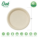 Oak PLUS 10 inch Natural Compostable & Disposable Sugarcane Plates, 300 Pack