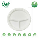 Oak PLUS 9 inch White Compostable & Disposable Sugarcane Sectional Plates, 300 Pack
