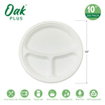 Oak PLUS 10 inch White Compostable & Disposable Sugarcane Sectional Plates, 300 Pack