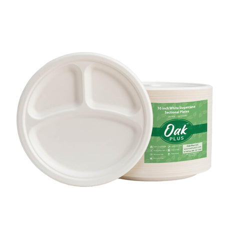 Oak PLUS 10 inch White Compostable & Disposable Sugarcane Sectional Plates, 300 Pack