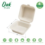 Oak PLUS 6 inch White Compostable & Disposable Sugarcane Clamshell Containers, 300 Pack