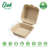 Oak PLUS 6 inch Natural Compostable & Disposable Sugarcane Clamshell Containers, 300 Pack