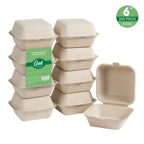 Oak PLUS 6 inch Natural Compostable & Disposable Sugarcane Clamshell Containers, 300 Pack