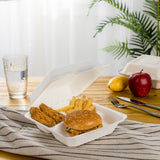 Oak PLUS 8 inch White Compostable & Disposable Sugarcane Sectional Clamshell Containers, 300 Pack