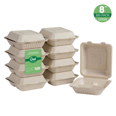 Oak PLUS 8 inch Natural Compostable & Disposable Sugarcane Sectional Clamshell Containers, 300 Pack