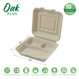 Oak PLUS 10 inch Natural Compostable & Disposable Sugarcane Sectional Clamshell Containers, 300 Pack