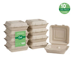 Oak PLUS 10 inch Natural Compostable & Disposable Sugarcane Sectional Clamshell Containers, 300 Pack