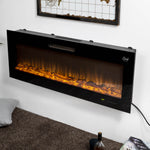 Oak PLUS 50"L Wall Mounted or Recessed Electric Fireplace With 9 Color Flames, Faux Log & Crystal Decorated